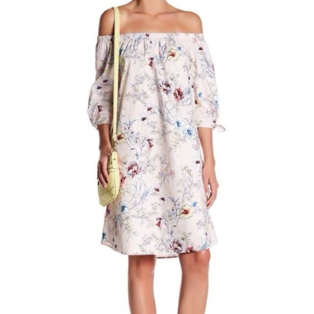 Bobeau Cotton Floral Poplin Off Shoulder Shift Dress - Size Medium
